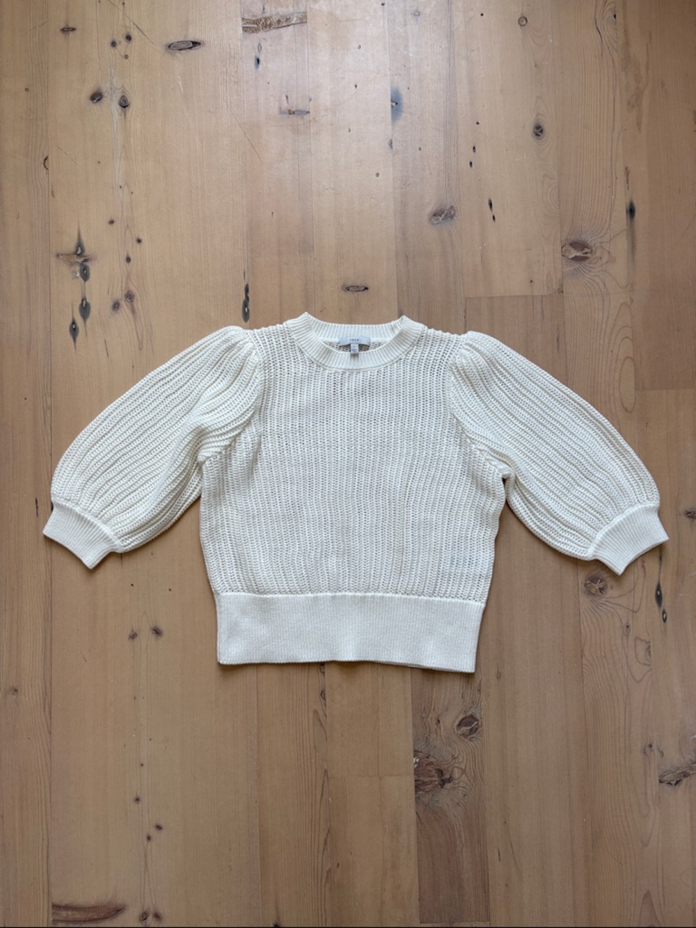 Like New Joie Open Knit Women's Cream White Puff-Sleeve Classic Neutral Sweater